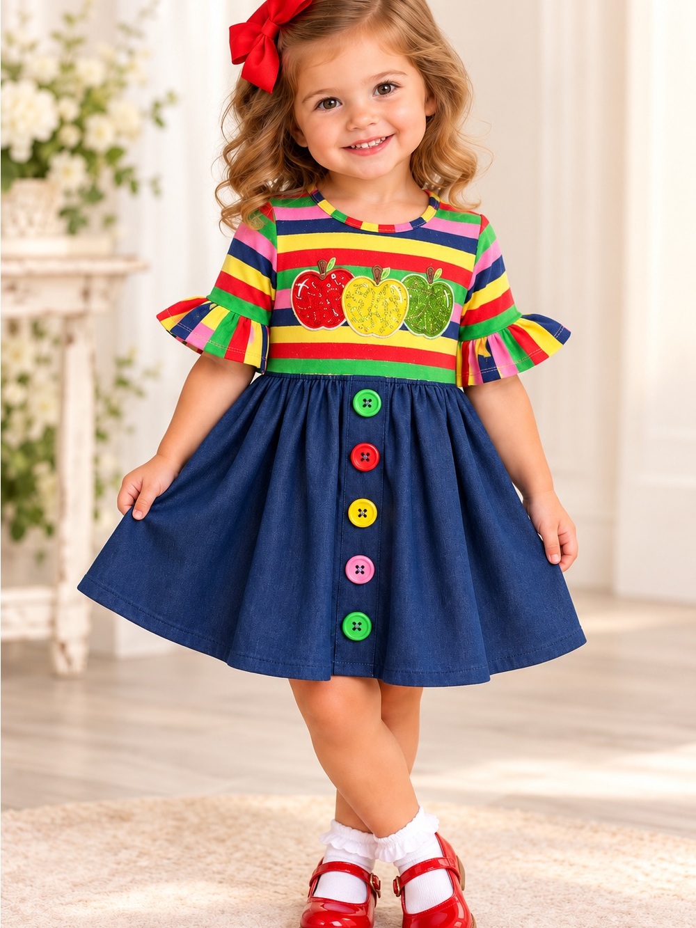 Bonnie Jean Girls 2T Apple Rainbow Stripe Denim Dress + Red Bow